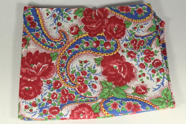 50s vintage roses print cotton fabric in bright retro colors red blue yellow jade green