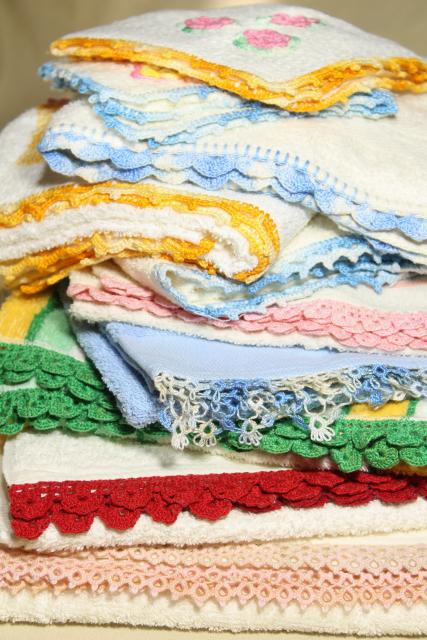 50s vintage terrycloth bath and hand towels w/ colorful crochet edgings, bohemian style home