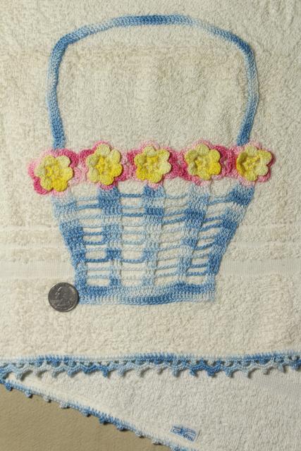 50s vintage terrycloth bath and hand towels w/ colorful crochet edgings, bohemian style home