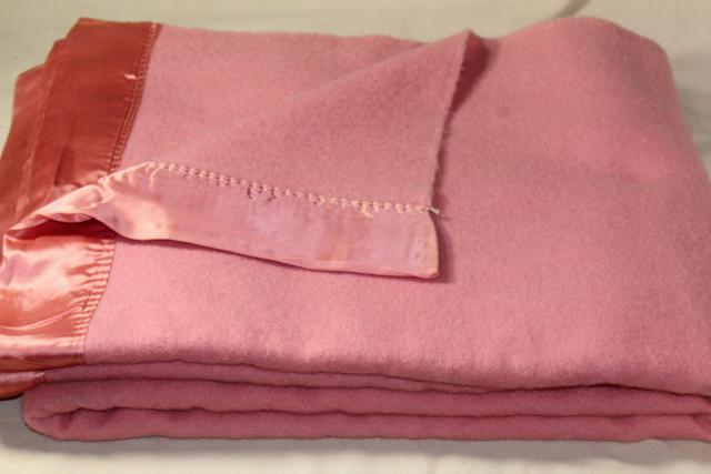50s vintage thick pure wool bed blankets, rose pink w/ satin binding
