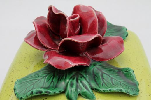 50s vintage vanity table box, lime green ceramic box w/ single huge red rose