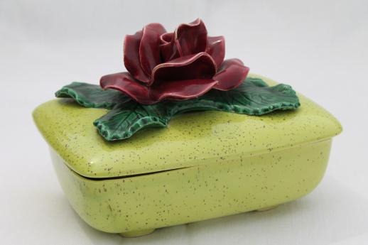 50s vintage vanity table box, lime green ceramic box w/ single huge red rose