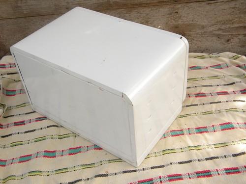 50s-60s vintage kitchen breadbox, mid-century mod white enamel bread box
