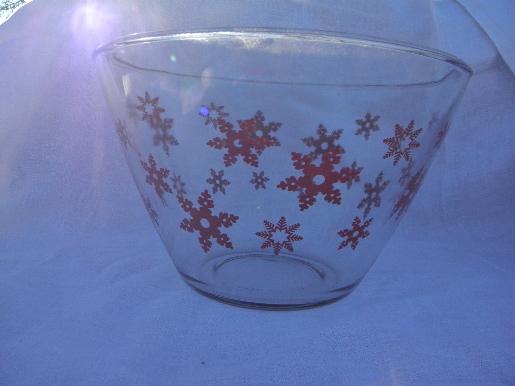 50s-60s vintage kitchen glass, big bowl w/ red snowflakes print