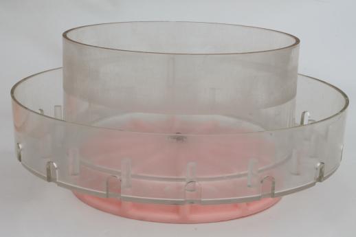 50s-60s vintage tiered pink plastic sewing box, round thread rack sewing stand