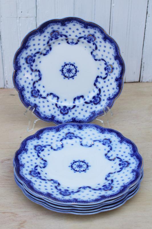 6 antique flow blue china luncheon plates, Grindley England Keele pattern