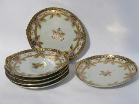 6 antique hand-painted Nippon china plates, old Japan moriage porcelain
