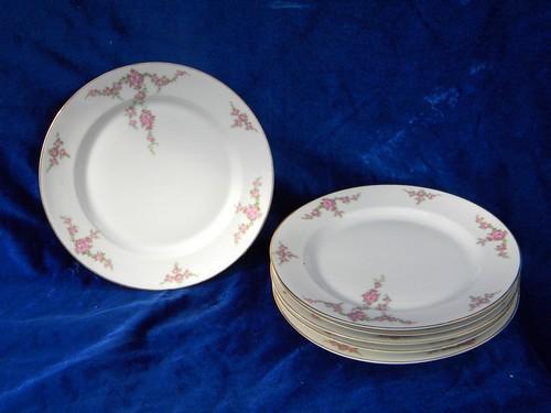 6 antique pink roses porcelain plates, vintage Bavaria china dinnerware