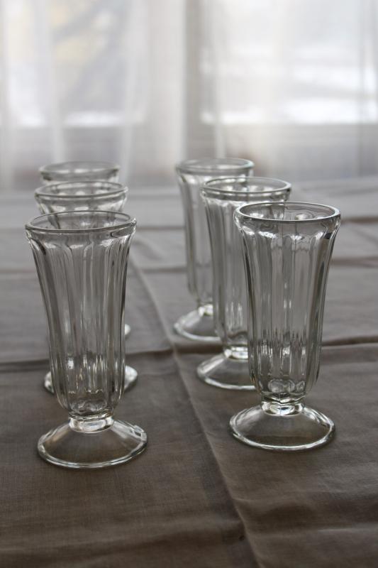 6 heavy glass parfait glasses, vintage soda counter or ice cream parlor glassware