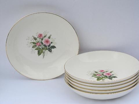 6 soup bowls, pink roses & baby's breath, 40s vintage Canonsburg china