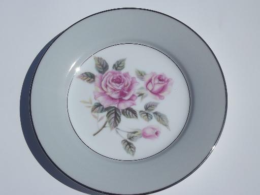 6 vintage Noritake Arlington bread or cake plates, pink rose w/ grey