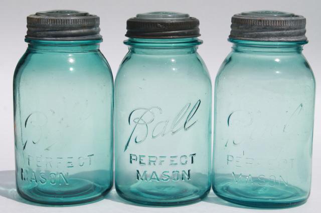 6 vintage quart size aqua blue Ball mason jars lot, antique canisters, old ring / glass lids