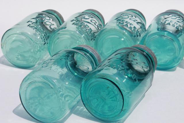 6 vintage quart size aqua blue Ball mason jars lot, antique canisters, old ring / glass lids