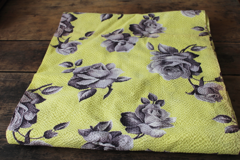 6 yards vintage plisse fabric, crinkle cotton w/ grey roses floral on soft yellow