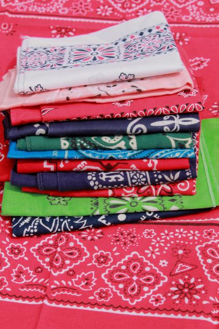 60s 70s 80s vintage cotton bandana handkerchiefs, scarf lot bandanas in retro colors