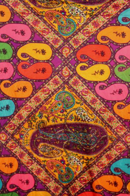 yellow  boho hippy style brown with orange Vintage Geometric Polyester Knit Fabric  73x60  tribal print