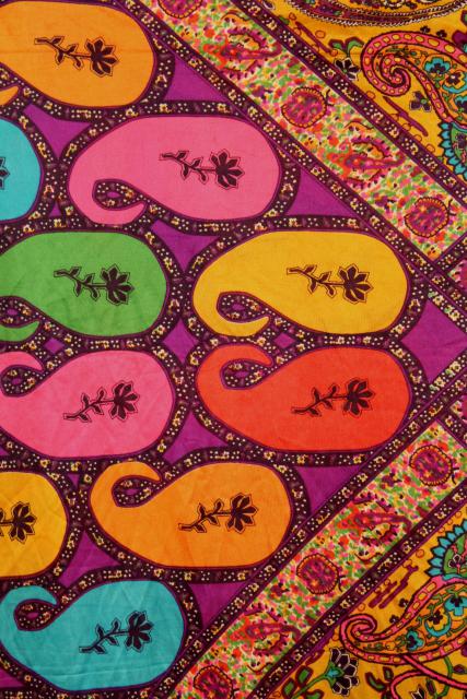 60s 70s hippie vintage poly tricot knit fabric, boho gypsy style paisley in bold colors