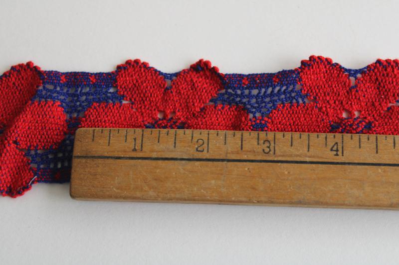 60s 70s hippie vintage sewing trim wide woven daisy flowers in red & blue yarn