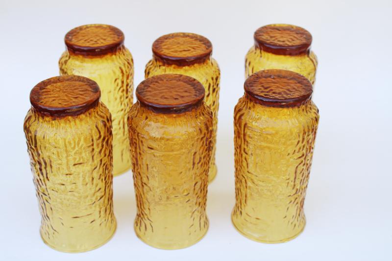 60s 70s mod vintage amber glass tumblers, crinkle textured glass barware
