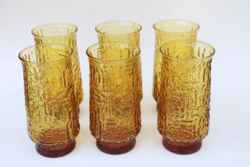 60s 70s mod vintage amber glass tumblers, crinkle textured glass barware