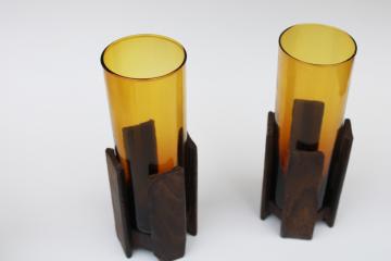 60s 70s mod vintage candle holders, amber glass hurricanes w/ wood stands