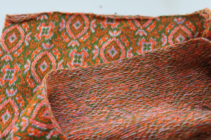 60s 70s mod vintage cotton knit pantsuit hot pants fabric, avocado green  vivid orange brocade