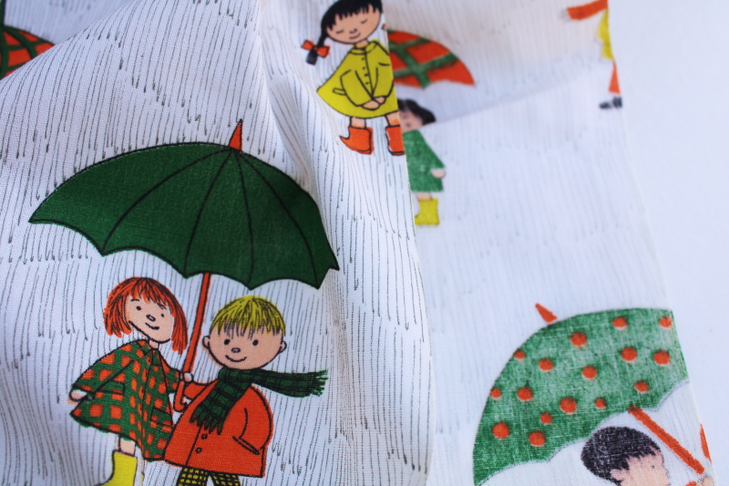 60s 70s mod vintage novelty print cotton fabric, boy  girl w/ rainy day umbrellas