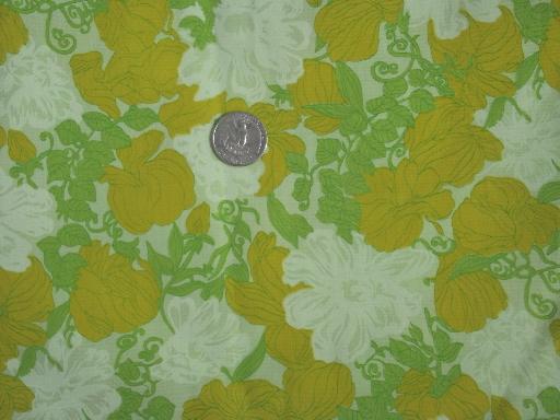 60s 70s retro floral print cotton blend fabric, citrus shades on lime green
