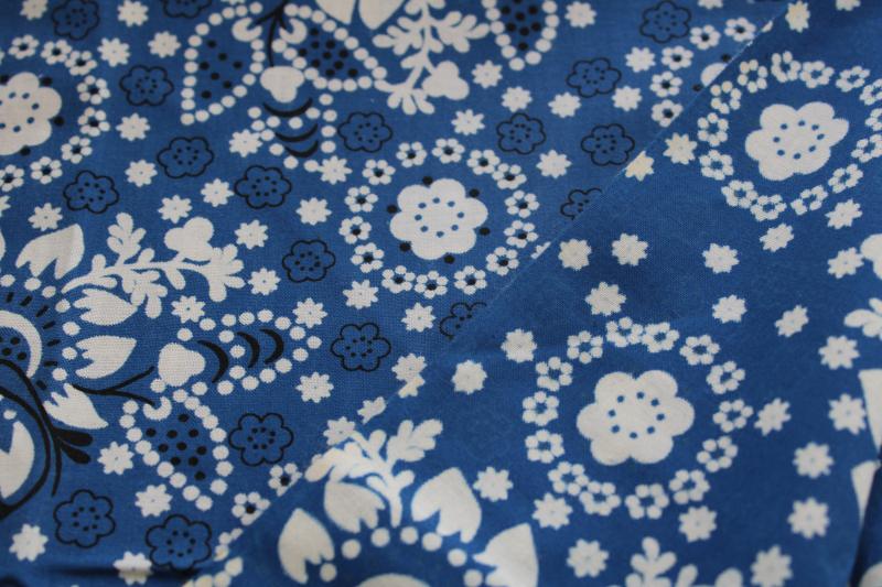 60s 70s vintage cotton fabric w/ bandana style print blue & white w/ black