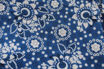 60s 70s vintage cotton fabric w/ bandana style print blue & white w/ black