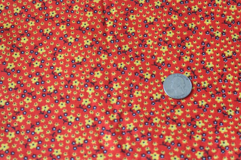 60s 70s vintage cotton fabric w/ calico sprig floral red orange w/ yellow