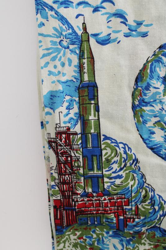60s 70s vintage cotton fabric, spacesuit astronauts moon landing rockets print