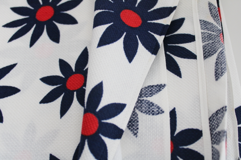 60s 70s vintage cotton pique fabric, flower power daisies print red  blue