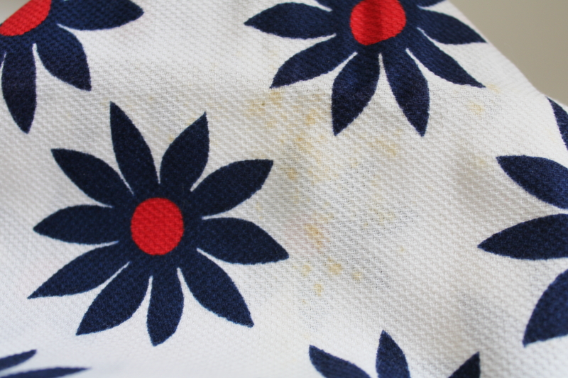 60s 70s vintage cotton pique fabric, flower power daisies print red  blue