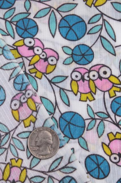 60s 70s vintage fabric w/ baby owls print, cotton / poly blend quilting weight material