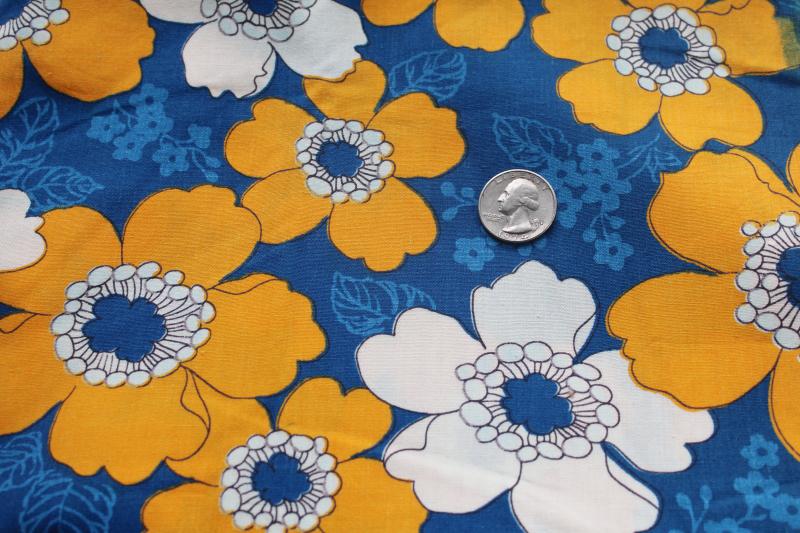 60s 70s vintage fabric, large groovy flowers print orangey yellow gold on blue