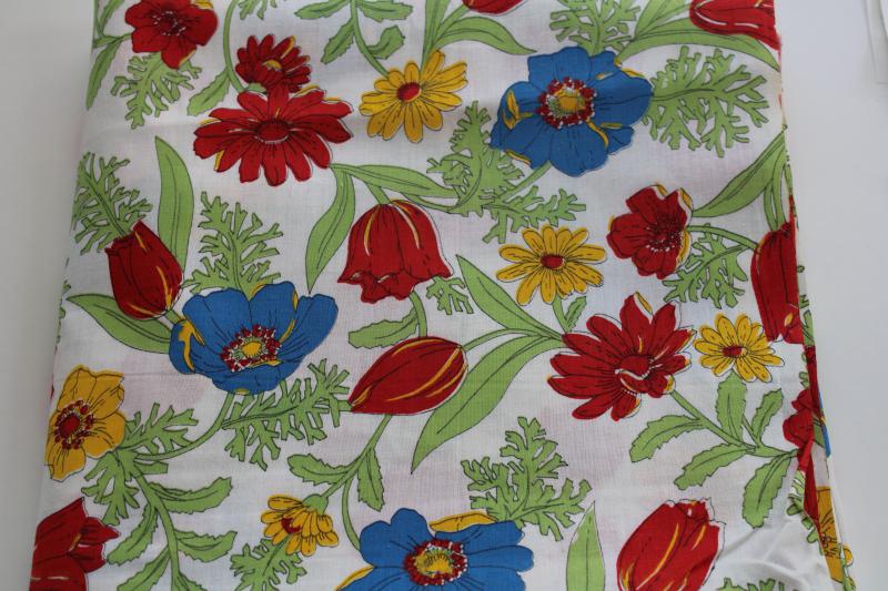 60s 70s vintage floral print cotton fabric, red blue yellow flowers on white