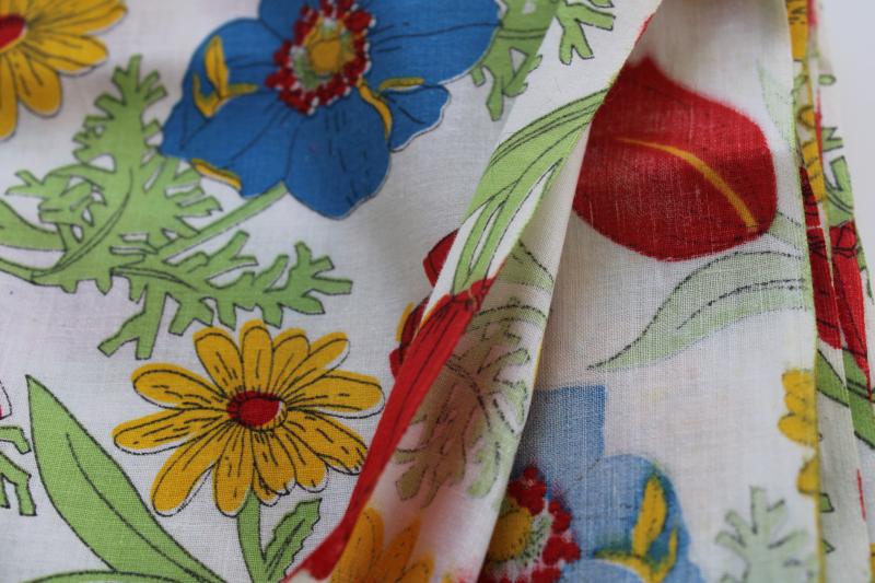60s 70s vintage floral print cotton fabric, red blue yellow flowers on white
