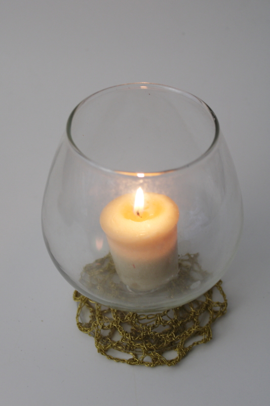 60s 70s vintage glass candle jar w/ beaded crochet lace lantern cover, boho decor