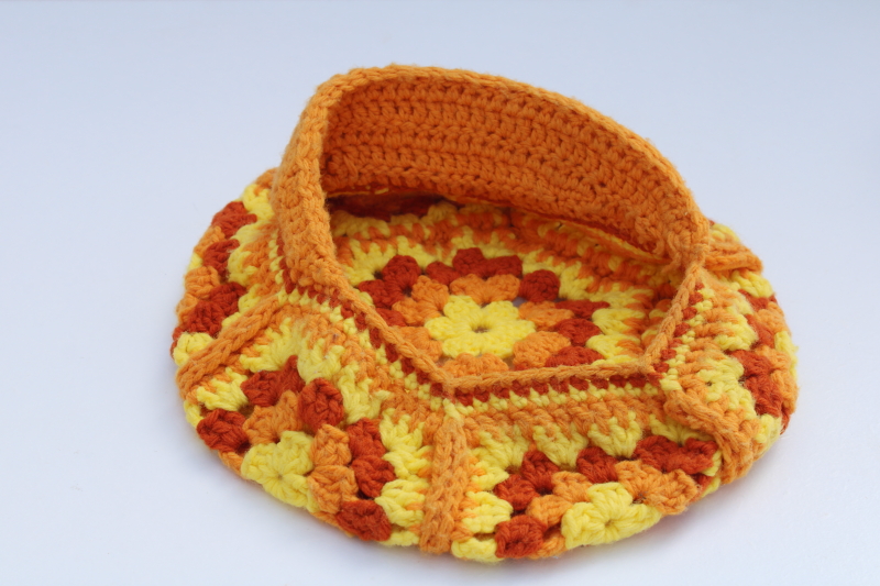 60s 70s vintage granny square crochet hat, mod orange  yellow newsboy cap, urchin kawaii