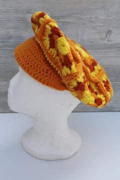 60s 70s vintage granny square crochet hat, mod orange  yellow newsboy cap, urchin kawaii