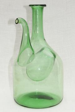 60s 70s vintage hand blown glass wine chiller bottle, ice holder cooler decanter