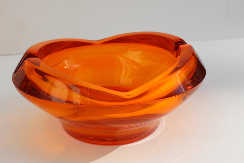 60s 70s vintage heavy art glass ashtray, mid-century mod Viking glass in orange