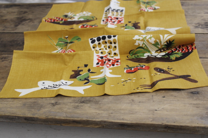 60s 70s vintage linen cotton tea towels, mod art kitchen print on brown, mustard gold