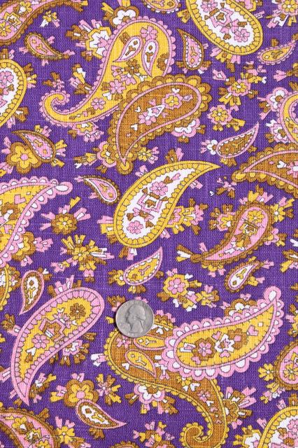 60s 70s vintage linen weave fabric, retro paisley print royal purple & yellow gold