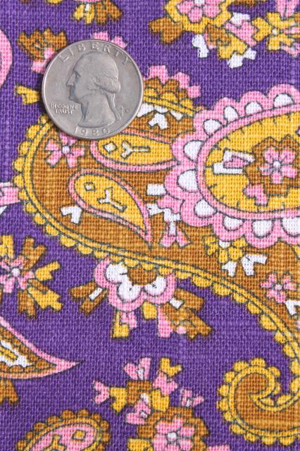 60s 70s vintage linen weave fabric, retro paisley print royal purple & yellow gold