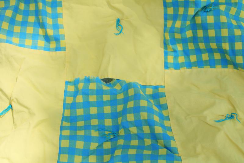 60s 70s vintage quilt beach blanket, bright aqua & yellow gingham check patchwork block