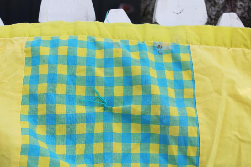 60s 70s vintage quilt beach blanket, bright aqua & yellow gingham check patchwork block