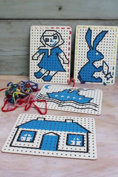 60s 70s vintage sewing cards, hardboard pictures w/ cotton laces, lacing manipulative play
