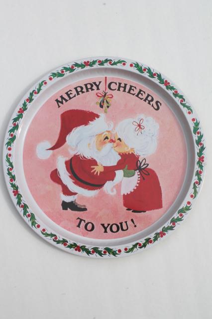 60s 70s vintage tin Christmas tray, retro Santa holiday print Merry Cheers to You!